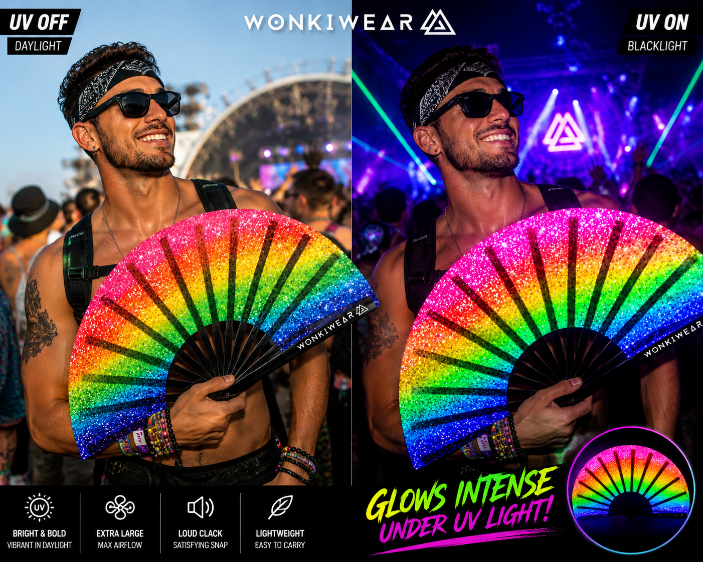XL UV Reactive Rainbow Pride Festival Fan – Printed Glitter Effect Clack Fan