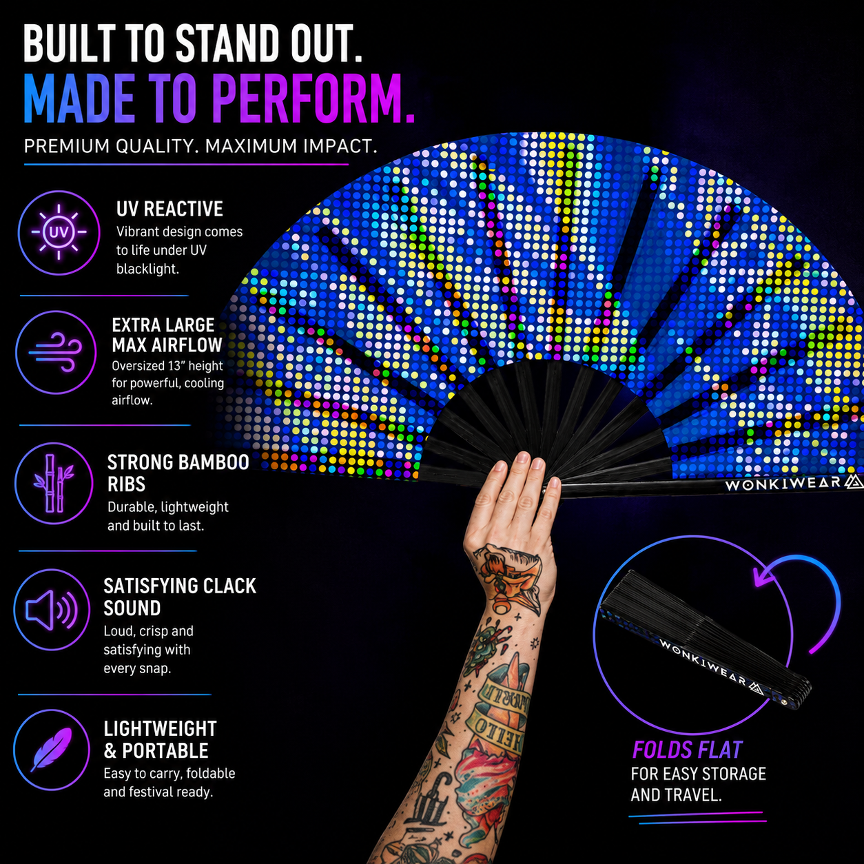 XL UV Reactive Blue Microdots Festival Fan – Neon Rave Clack Fan