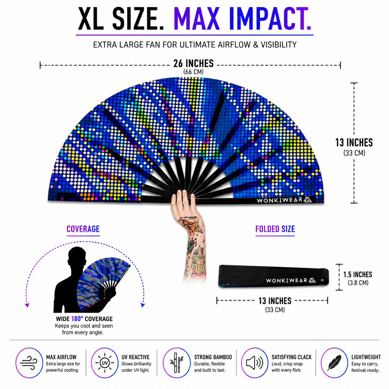 XL UV Reactive Blue Microdots Festival Fan – Neon Rave Clack Fan