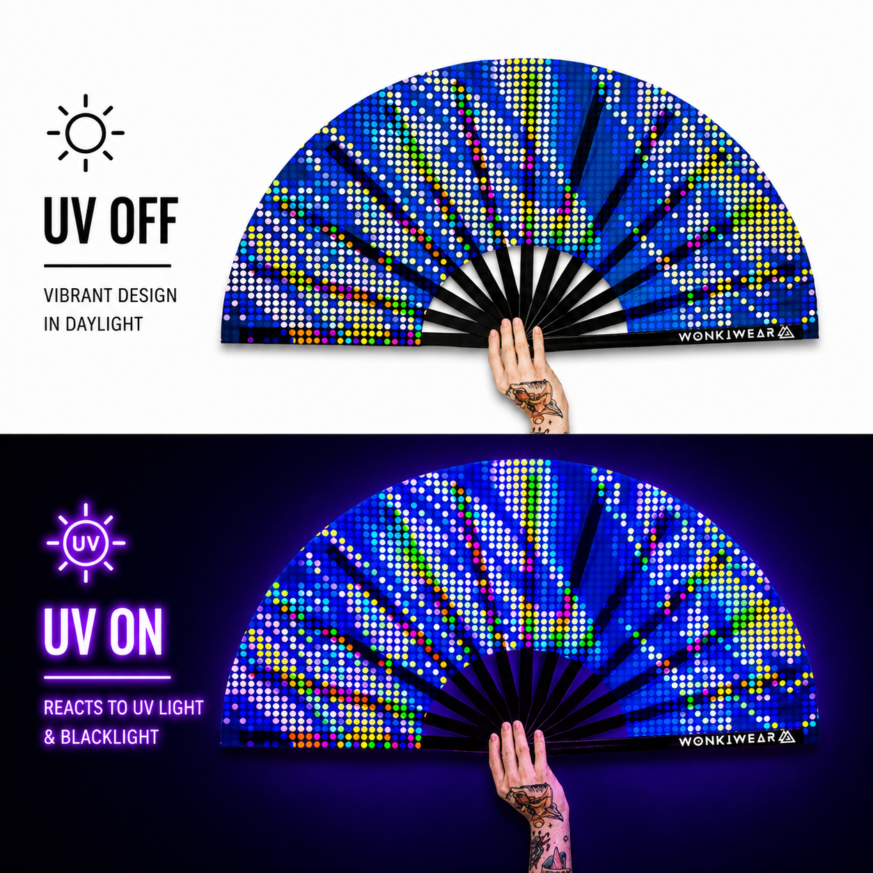 XL UV Reactive Blue Microdots Festival Fan – Neon Rave Clack Fan