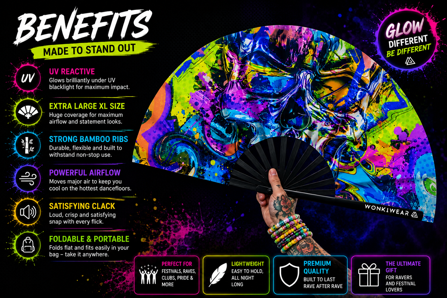 XL UV Reactive Graffiti Skull Festival Fan – Neon Rave Clack Fan