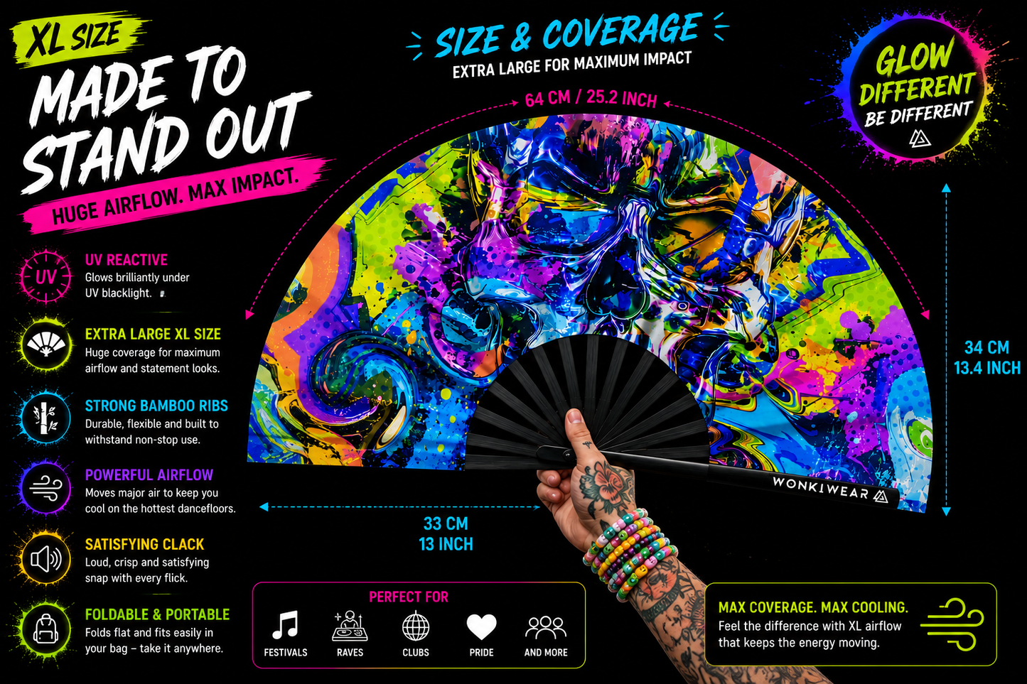XL UV Reactive Graffiti Skull Festival Fan – Neon Rave Clack Fan