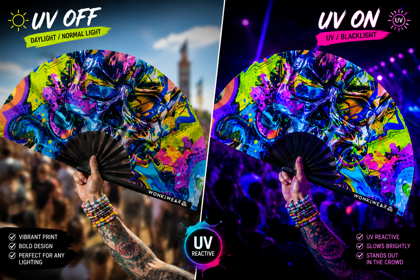 XL UV Reactive Graffiti Skull Festival Fan – Neon Rave Clack Fan