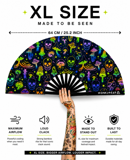 XL UV Reactive Mushroom & Skulls Festival Fan