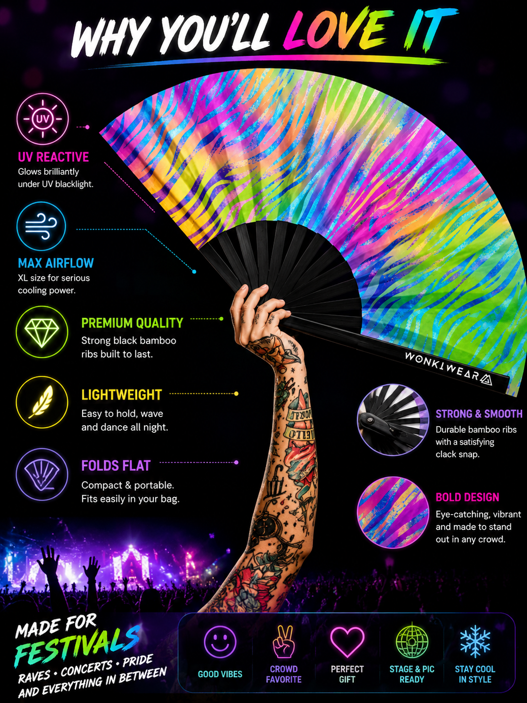 XL UV Reactive Pastel Zebra Rave Fan – Festival Clack Fan