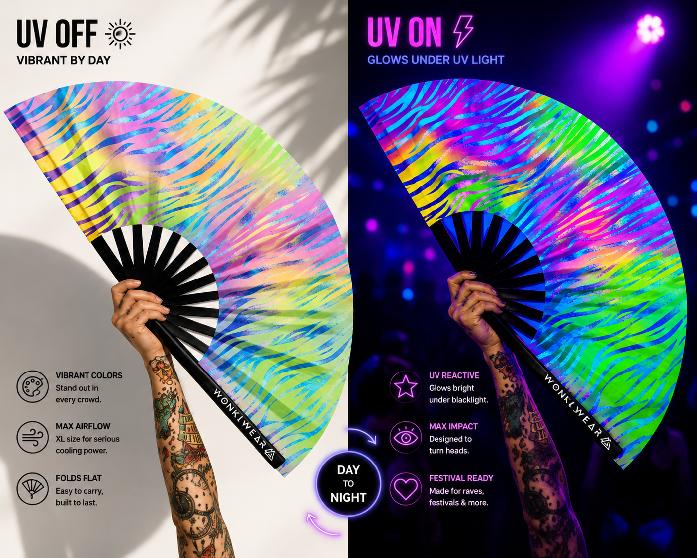 XL UV Reactive Pastel Zebra Rave Fan – Festival Clack Fan