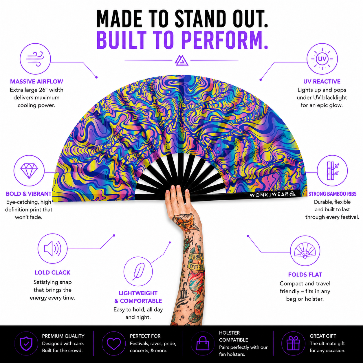 XL UV Reactive Psychedelic Festival Fan – Trippy Rave Clack Fan