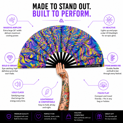 XL UV Reactive Psychedelic Festival Fan – Trippy Rave Clack Fan