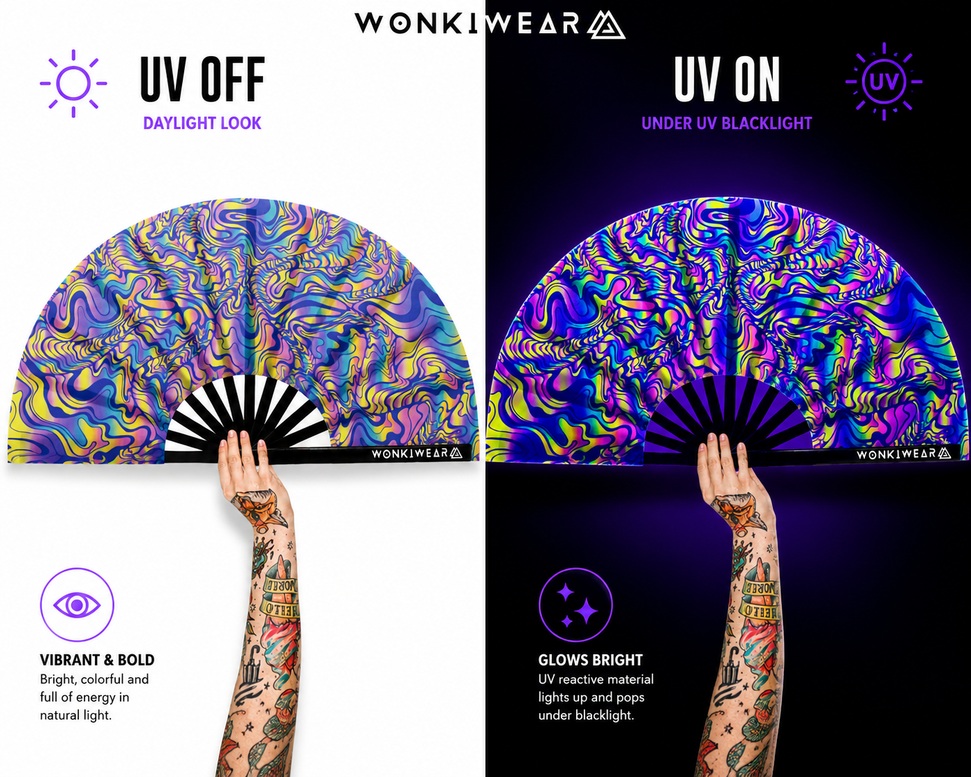 XL UV Reactive Psychedelic Festival Fan – Trippy Rave Clack Fan