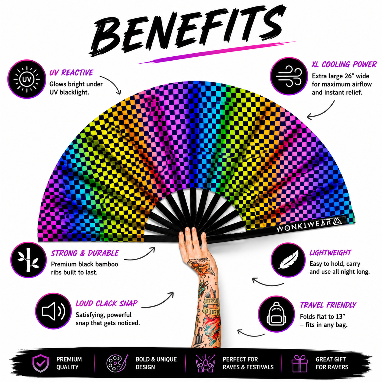 XL UV Reactive Chequered Festival Fan – Wanna Race Rave Clack Fan