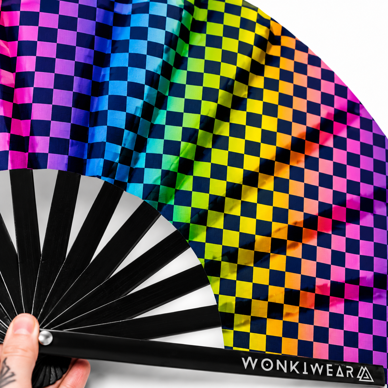 XL UV Reactive Chequered Festival Fan – Wanna Race Rave Clack Fan