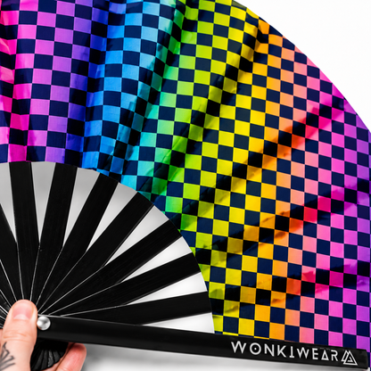 XL UV Reactive Chequered Festival Fan – Wanna Race Rave Clack Fan