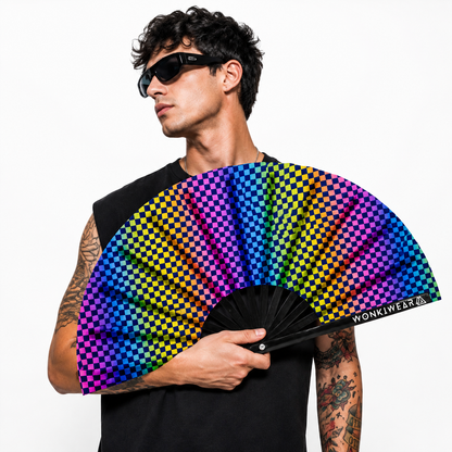 XL UV Reactive Chequered Festival Fan – Wanna Race Rave Clack Fan