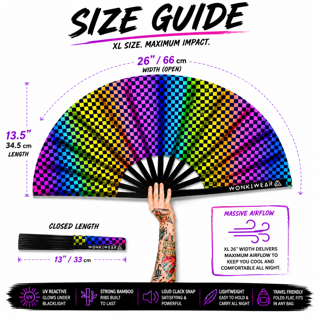 XL UV Reactive Chequered Festival Fan – Wanna Race Rave Clack Fan