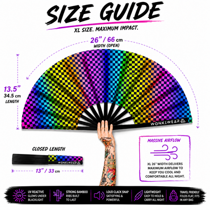 XL UV Reactive Chequered Festival Fan – Wanna Race Rave Clack Fan