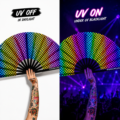XL UV Reactive Chequered Festival Fan – Wanna Race Rave Clack Fan