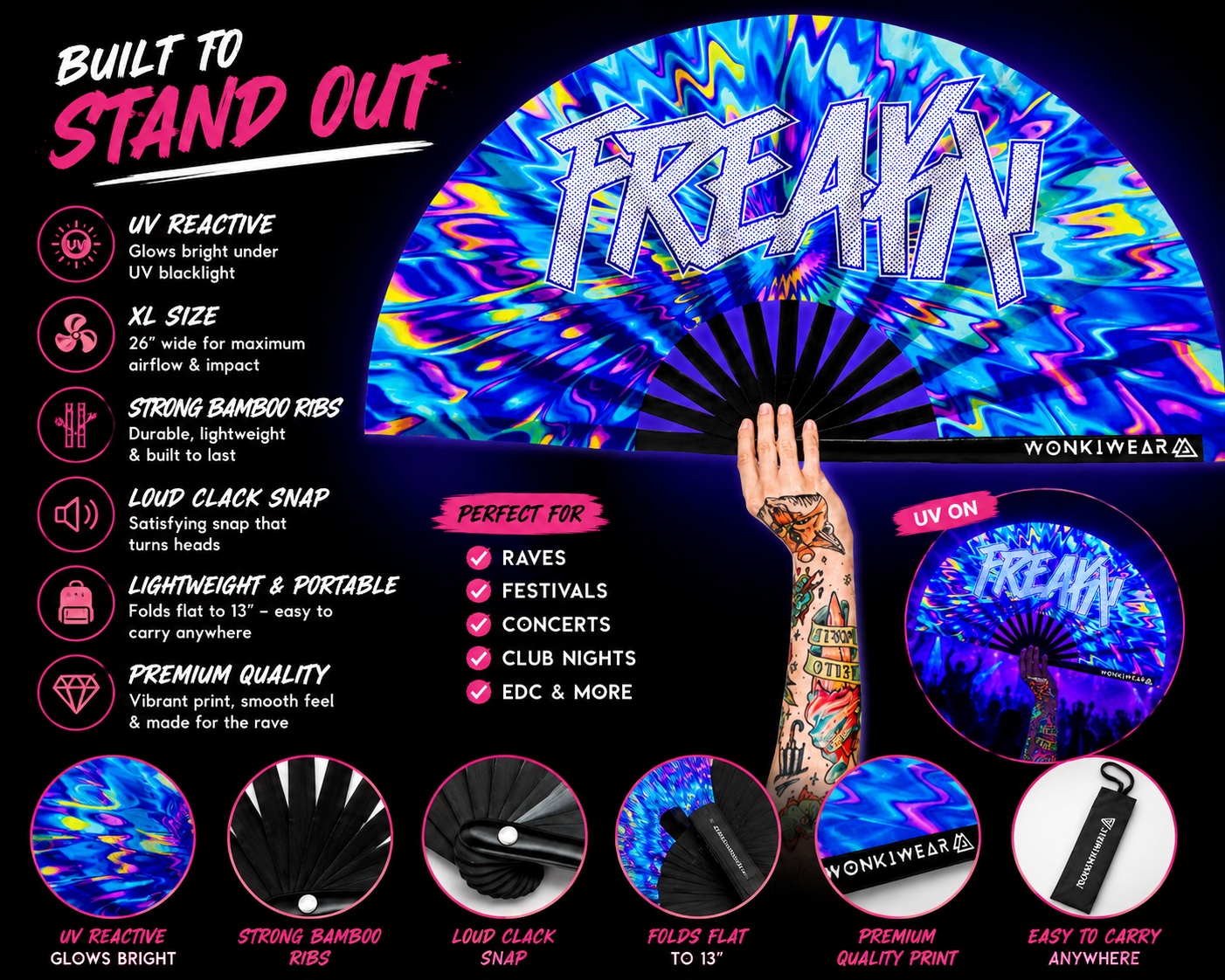 XL UV Reactive FREAKY Festival Fan – Trippy Rave Clack Fan