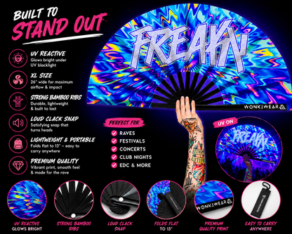 XL UV Reactive FREAKY Festival Fan – Trippy Rave Clack Fan