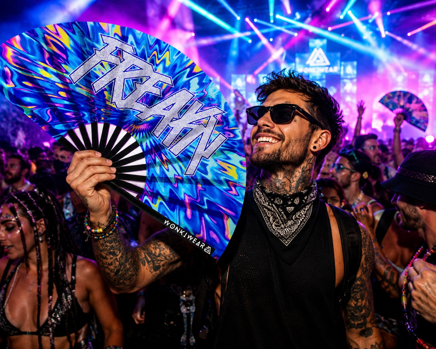 XL UV Reactive FREAKY Festival Fan – Trippy Rave Clack Fan