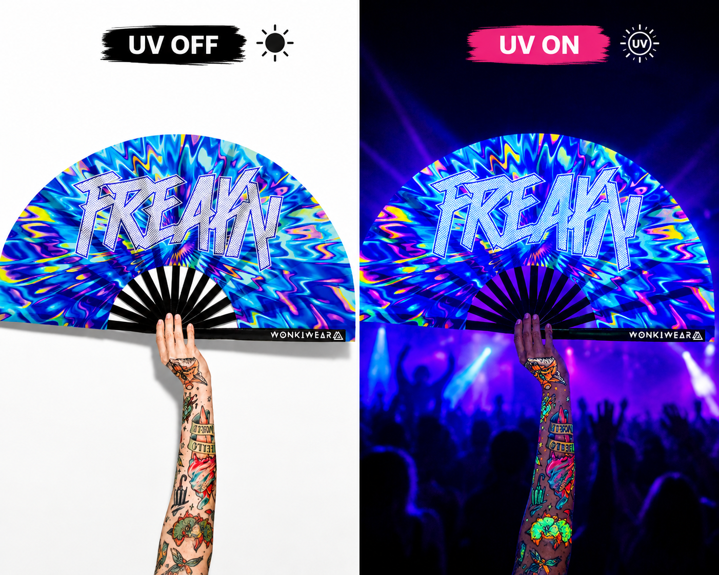 XL UV Reactive FREAKY Festival Fan – Trippy Rave Clack Fan
