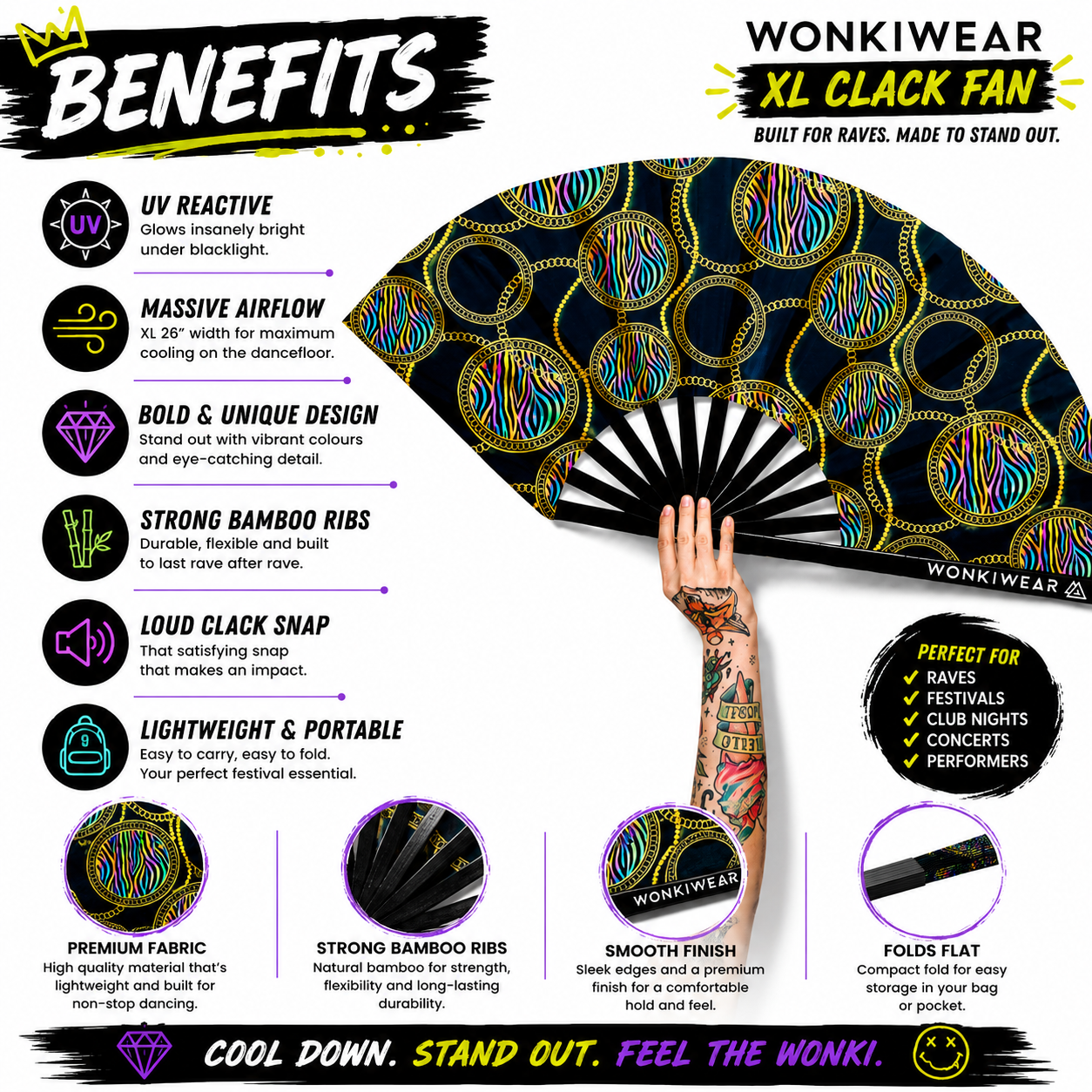 XL UV Reactive Luxury Festival Fan – Posh Stuff Rave Clack Fan