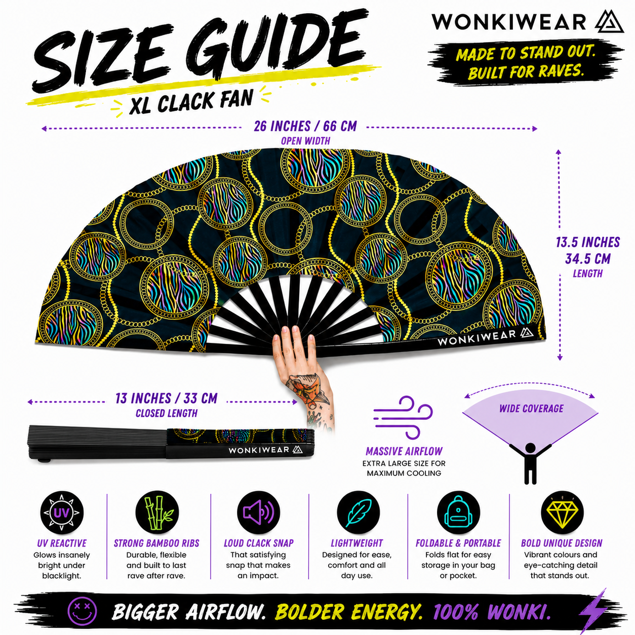 XL UV Reactive Luxury Festival Fan – Posh Stuff Rave Clack Fan