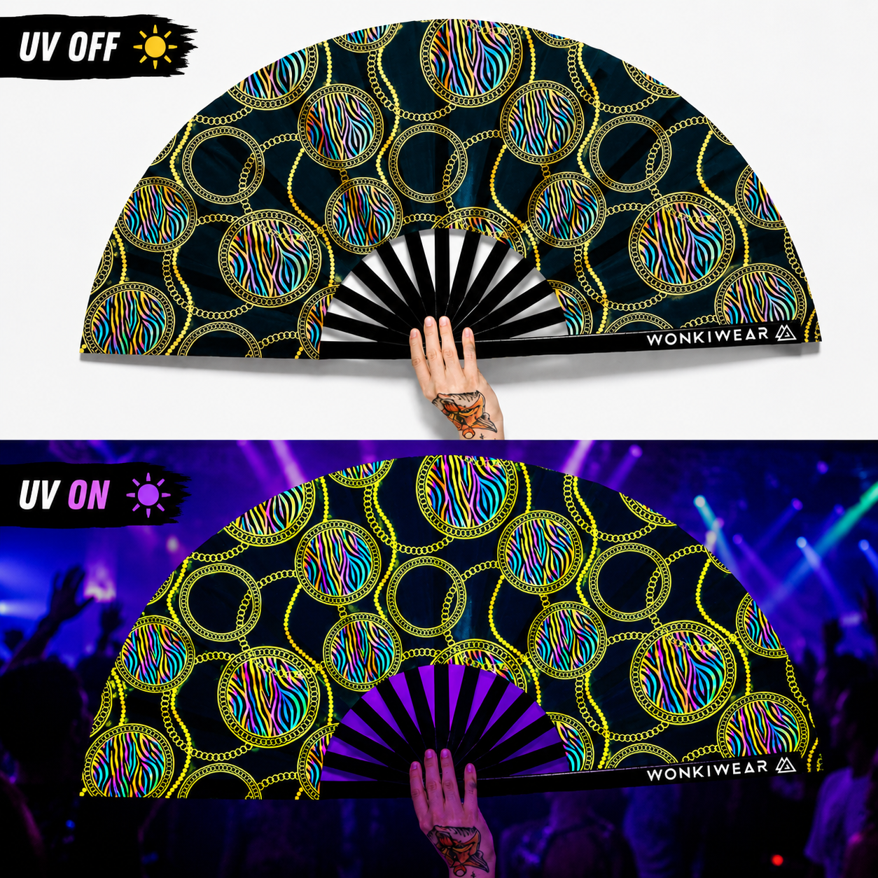 XL UV Reactive Luxury Festival Fan – Posh Stuff Rave Clack Fan