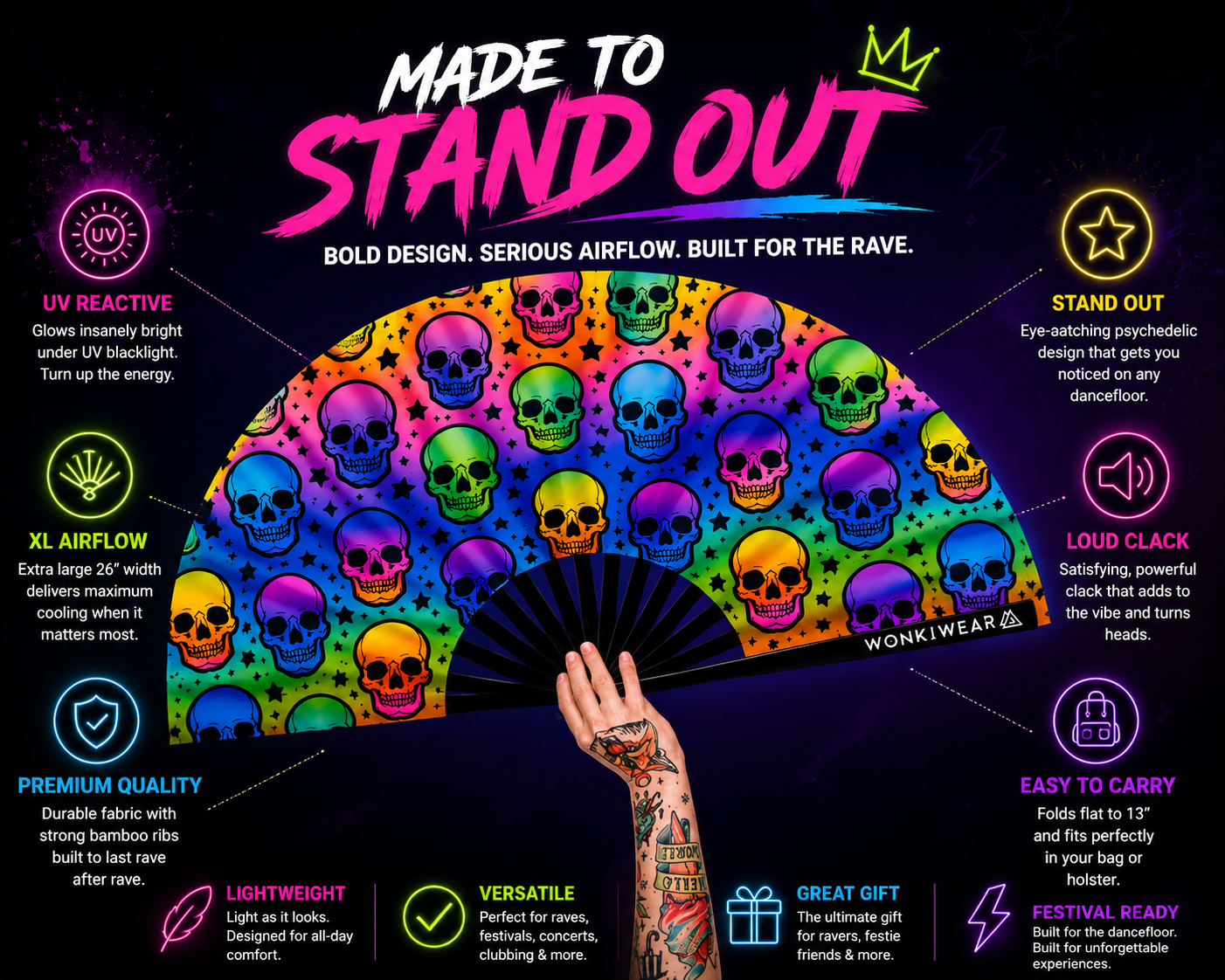 XL UV Reactive Skull Festival Fan – Trick or Treat Rave Clack Fan