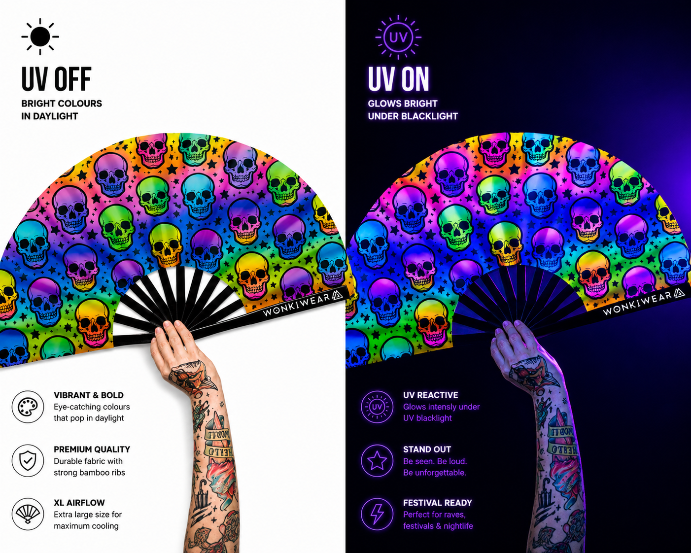XL UV Reactive Skull Festival Fan – Trick or Treat Rave Clack Fan