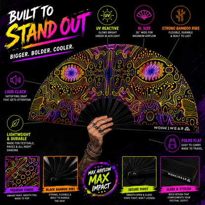 XL UV Reactive Techno Psytrance Festival Fan – Neon Rave Clack Fan