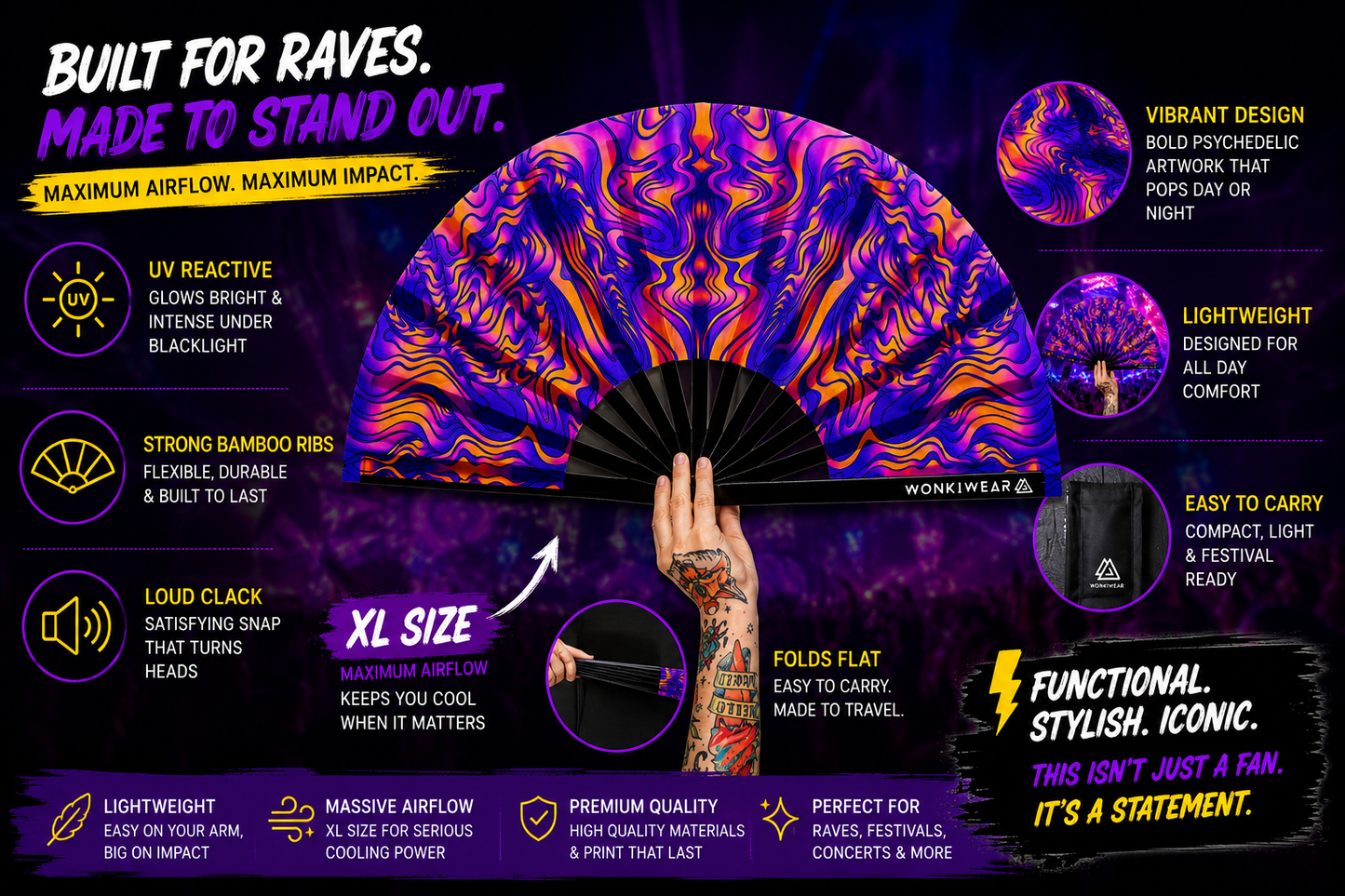 XL UV Reactive Trippy Orange & Blue Festival Fan – Psychedelic Rave Clack Fan
