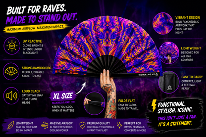XL UV Reactive Trippy Orange & Blue Festival Fan – Psychedelic Rave Clack Fan