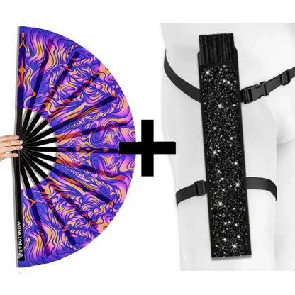 XL UV Reactive Trippy Orange & Blue Festival Fan – Psychedelic Rave Clack Fan