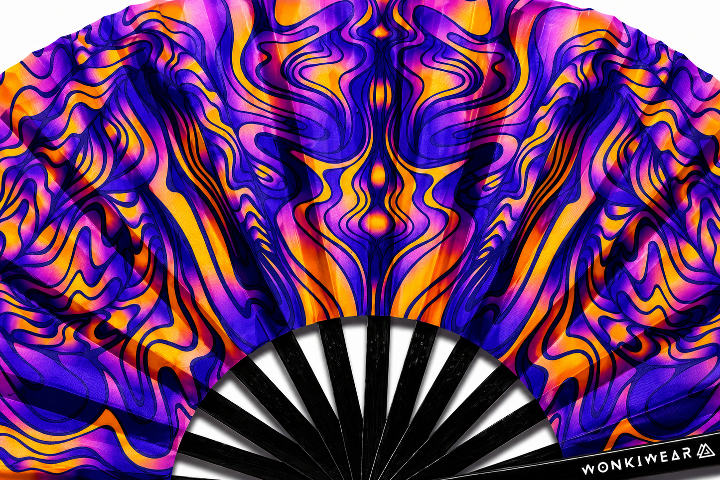 XL UV Reactive Trippy Orange & Blue Festival Fan – Psychedelic Rave Clack Fan