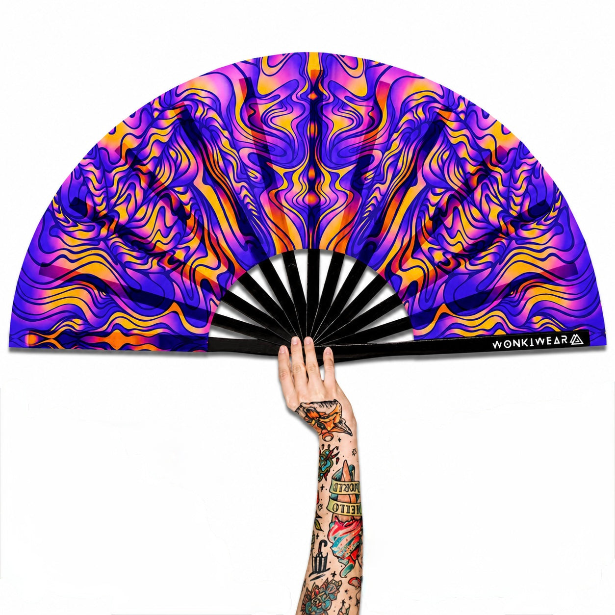 XL UV Reactive Trippy Orange & Blue Festival Fan – Psychedelic Rave Clack Fan