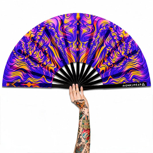 XL UV Reactive Trippy Orange & Blue Festival Fan – Psychedelic Rave Clack Fan