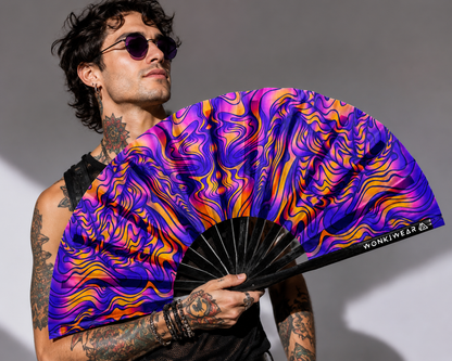 XL UV Reactive Trippy Orange & Blue Festival Fan – Psychedelic Rave Clack Fan