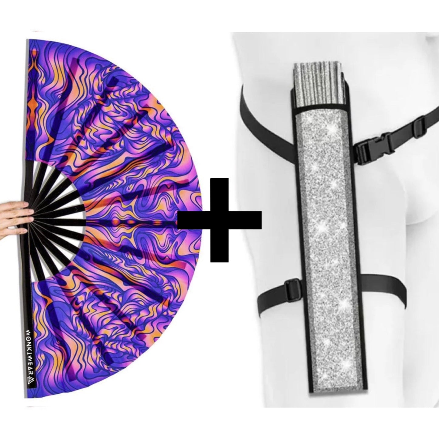 XL UV Reactive Trippy Orange & Blue Festival Fan – Psychedelic Rave Clack Fan