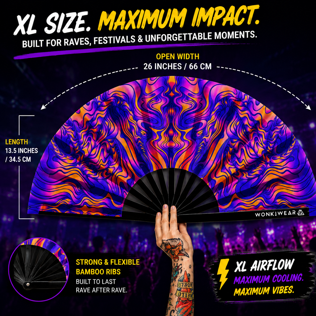 XL UV Reactive Trippy Orange & Blue Festival Fan – Psychedelic Rave Clack Fan