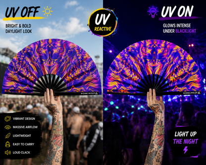 XL UV Reactive Trippy Orange & Blue Festival Fan – Psychedelic Rave Clack Fan