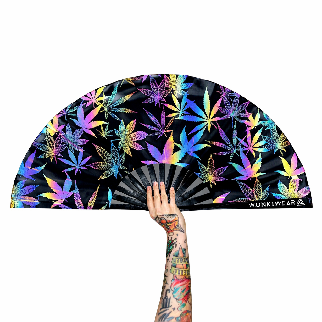 XL Festival Fan – Flash Reflective Iridescent Leaf Rave Fan