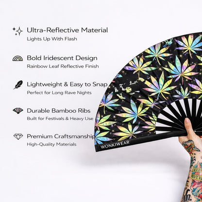 XL Festival Fan – Flash Reflective Iridescent Leaf Rave Fan