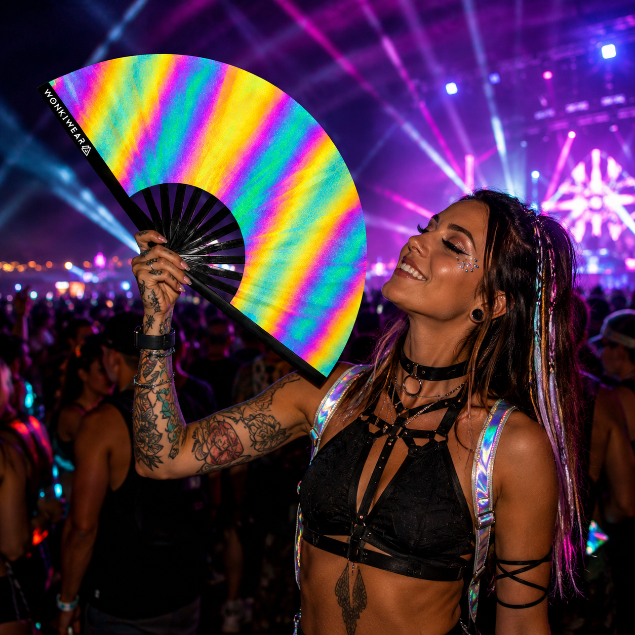 XL Festival Fan – Flash Reflective Oil Slick Rainbow Rave Fan
