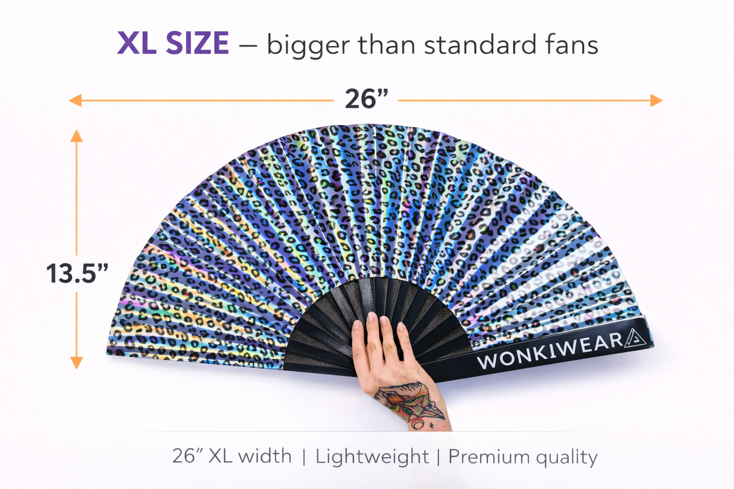 Iridescent Rainbow Leopard Festival Fan – XL (Silver Reverse)