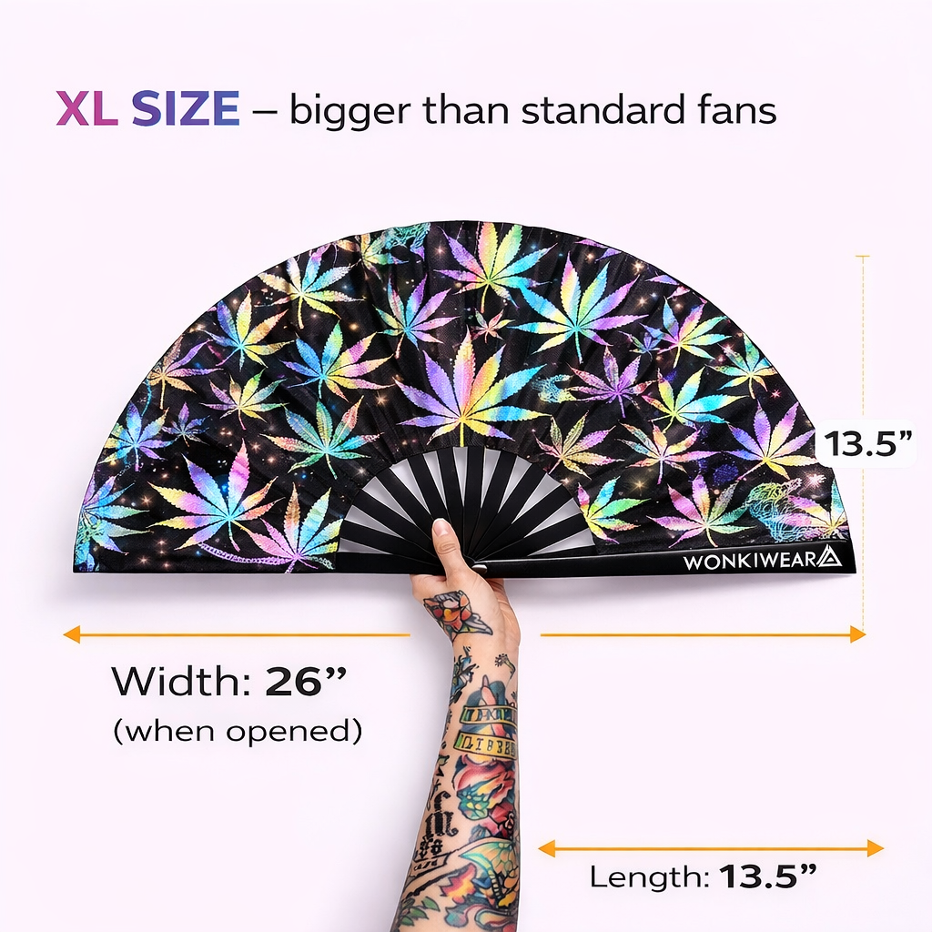 XL Festival Fan – Flash Reflective Iridescent Leaf Rave Fan