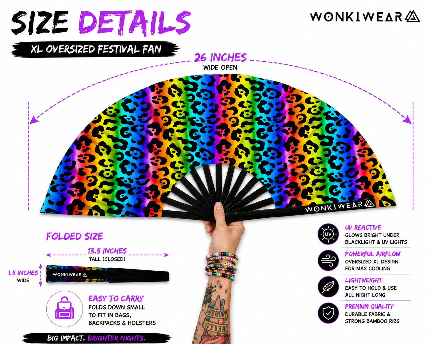 XL UV Reactive Rainbow Leopard Festival Fan