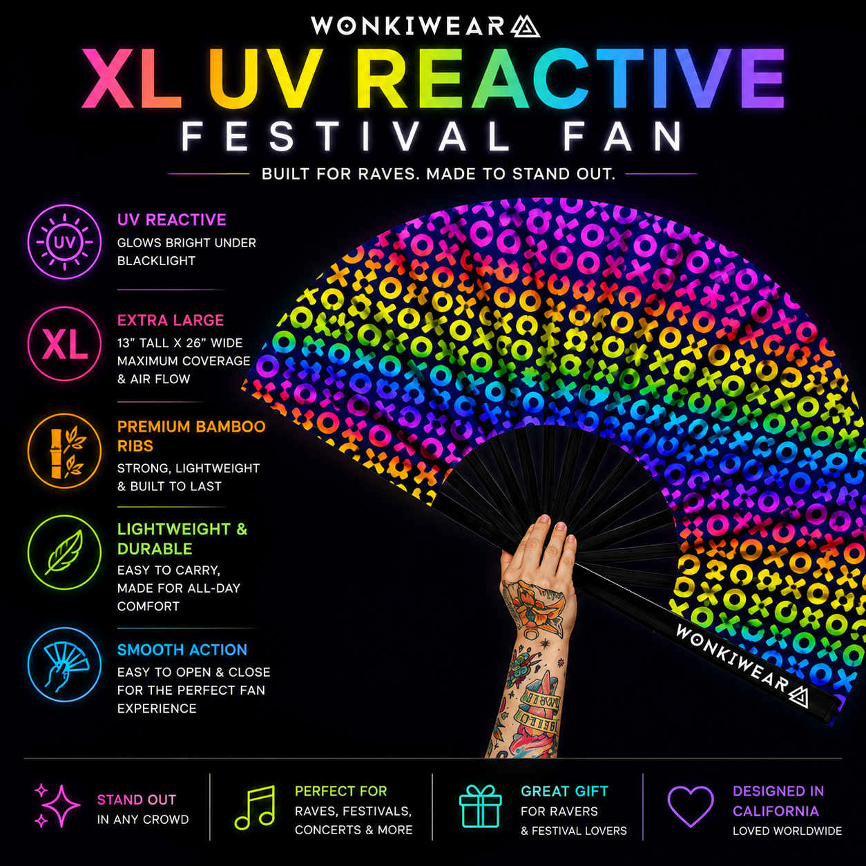 XL UV Reactive XOXO Festival Fan – Multicoloured Hugs & Kisses Rave Fan