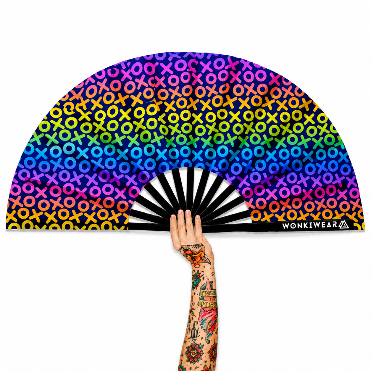 XL UV Reactive XOXO Festival Fan – Multicoloured Hugs & Kisses Rave Fan