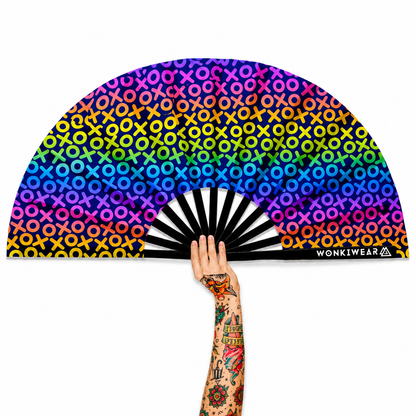 XL UV Reactive XOXO Festival Fan – Multicoloured Hugs & Kisses Rave Fan