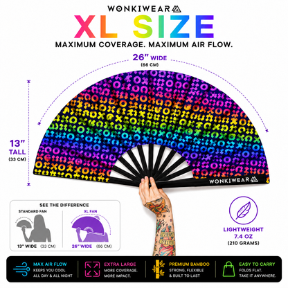 XL UV Reactive XOXO Festival Fan – Multicoloured Hugs & Kisses Rave Fan